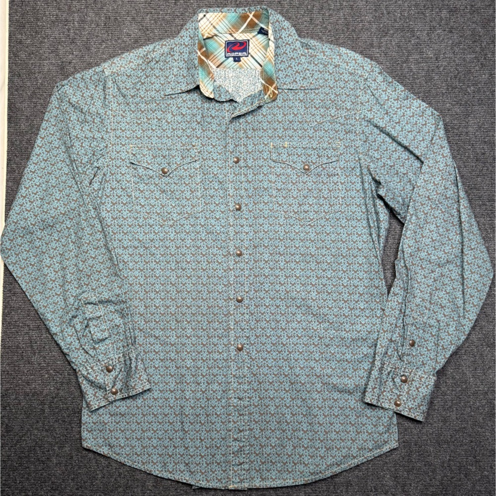 Roper Mens Large Blue Brown Geometric Western Pearl Snap Shirt Cowboy